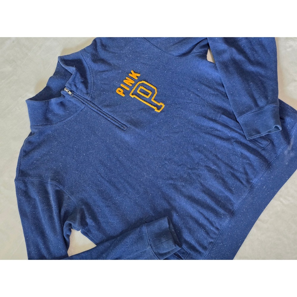 PINK Victorias Secret Quarter Zip Sweatshirt Blue Yellow Logo Pullover Medium